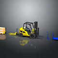 Industrial Logistics Equipment Featuring Yellow Forklift Pallet Truck Blue Hand Truck And Orange Crate