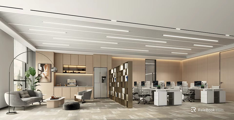 Modern Open Public Office Workspace With Workstations Bookshelves And Comfortable Seating 3d model