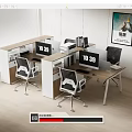 Modern Office Desk Setup With Computer Monitors Ergonomic Chairs Bookshelves And Wall Art