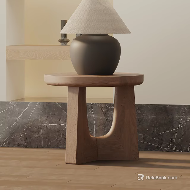 Elegant Round Wooden Side Table With Ceramic Lamp And Marble Background 3d model 