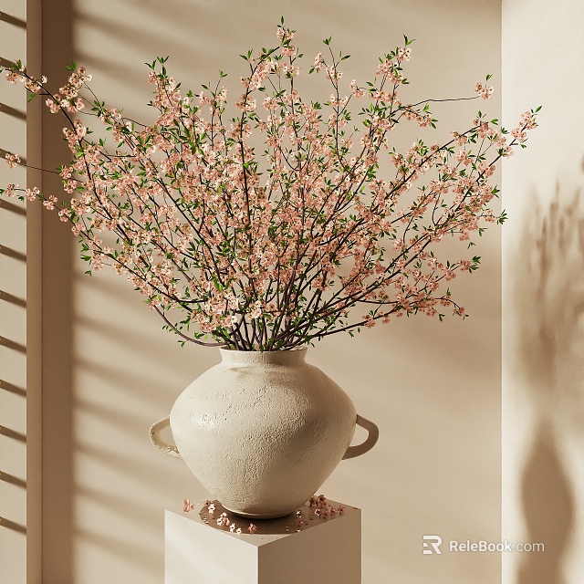 Beige Textured Ceramic Vase With Pink Flowering Branches And Light Shadow Effects On Light Tabletop 3d model 