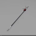 3D Spear Model with Metal Spearhead Red Decoration Black Silver Shaft and Light Blue Background