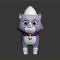 Cute Purple And White Cartoon Cat 3D Model With Purple Collar Bell On Dark Reflective Background