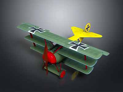 Vintage Biplane Model With Green Wings Yellow Tail Red Engine And Cross Details 3d model