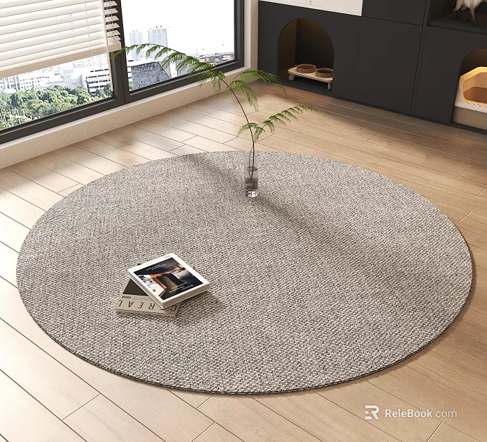 Round Carpet on Wooden Floor with Books Vase and Green Plant in Bright Room 3d model 