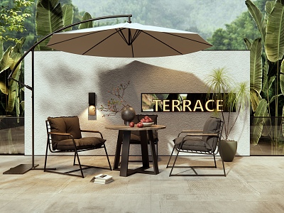 Outdoor Table and Chair Negotiation Table and Chair Vase Ornaments Plant Combination Sunshade Outdoor Chair 3d model