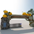Stone Entrance Gate With Oranges On Top Black Iron Gate Vine Decorations And Side Tree