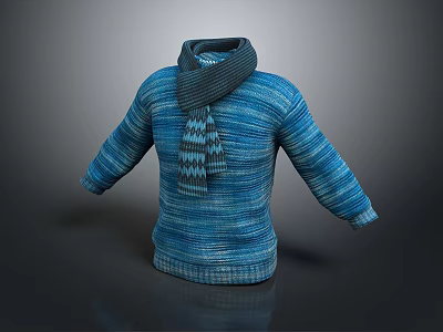 Blue Long Sleeve Knitted Sweater With Gray Striped Scarf Casual Look 3d model