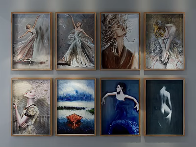 Elegant Figurative Paintings Gallery Wall Display Featuring Various Poses Dresses Natural Elements And Colorful Backgrounds 3d model