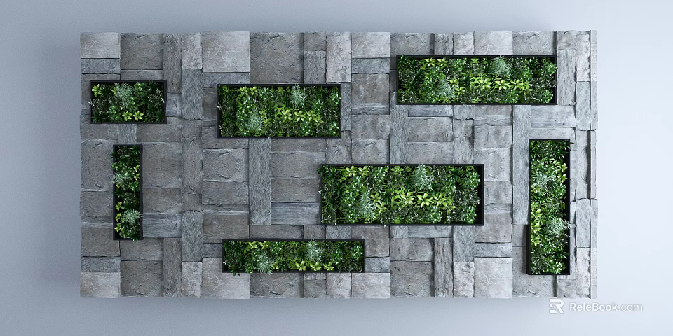 Gray Stone Brick Wall with Rectangular Lush Green Plant Troughs Design 3d model 