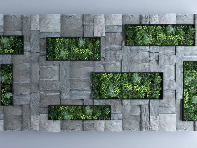 Gray Stone Brick Wall with Rectangular Lush Green Plant Troughs Design 3d model