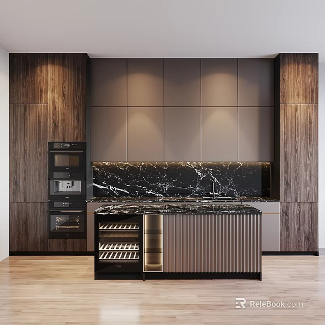 Modern Kitchen Interior With Dark Wooden Cabinets And Marble Island Countertop 3d model 
