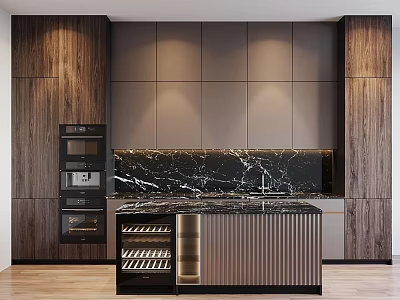 Modern Kitchen Interior With Dark Wooden Cabinets And Marble Island Countertop 3d model