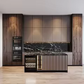 Modern Kitchen Interior With Dark Wooden Cabinets And Marble Island Countertop