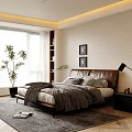 Modern Bedroom Interior With Leather Bed Window Blinds Green Plant And Area Rug