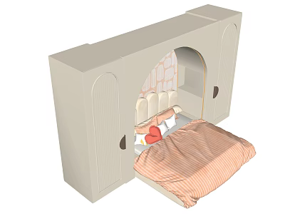 Children's Bed With Arched Headboard Cabinets Heart Shaped Pillow And Striped Quilt 3d model