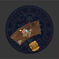 Wooden Writing Table With Intricate Details And Upholstered Armchair On Decorative Round Rug