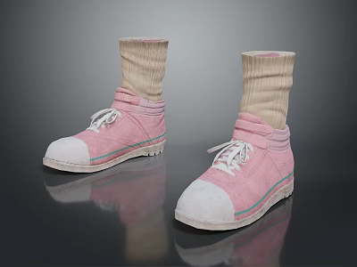 Pair of Pink Lace Up Casual Shoes With Beige Long Socks And White Soles 3d model