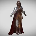 Medieval Game Movie Character Wearing Silver Armor With Red Brown Cloak And Helmet