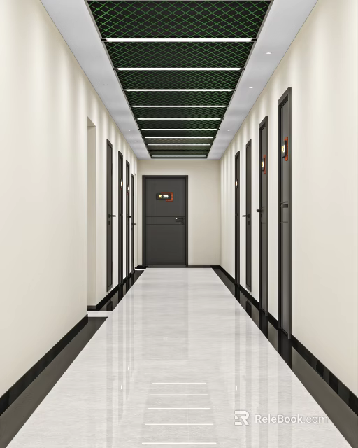 Modern Office Corridor Interior Design With Side Doors Sleek Tile Floor And Grid Ceiling 3d model