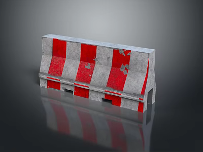 Red And White Striped Concrete Barrier With Worn Marks And Reflection On Black Background 3d model