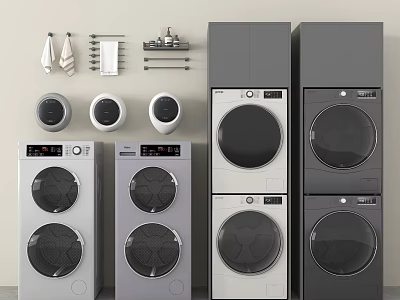 Modern Washing Machines With Stackable Side By Side Designs And Laundry Accessories 3d model