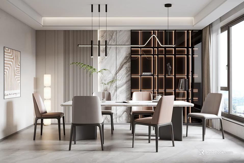 Elegant Modern Restaurant Interior With Rectangular Dining Table Grey Chairs Pendant Lights And Marble Wall 3d model