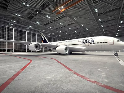 GEA Logo Passenger Plane In Large Hangar With Red Lines And Ceiling Lights 3d model