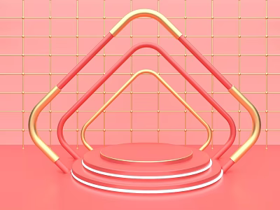 Pink Background Display With Gold Red Geometric Triangle Frames Circular Platform And Neon Light 3d model