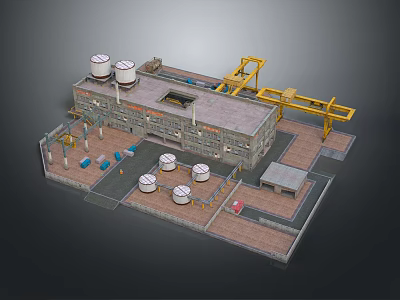 Cartoon Industrial Scene with Factory Building Two White Water Towers Yellow Crane and Round Storage Tanks 3d model