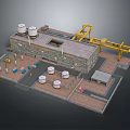 Cartoon Industrial Scene with Factory Building Two White Water Towers Yellow Crane and Round Storage Tanks
