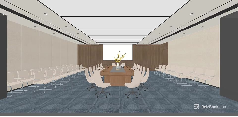 Modern Conference Room Interior With Long Table White Chairs And Projection Screen 3d model