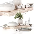 Elegant Tableware Set With Wooden Tray Green Plates White Lidded Bowl Woven Placemats Metal Utensils