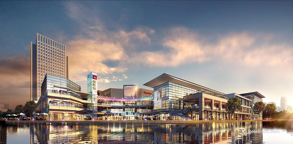Modern Commercial Complex Architecture With Glass Facade Water Reflection And Evening Sky 3d model 