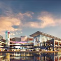 Modern Commercial Complex Architecture With Glass Facade Water Reflection And Evening Sky