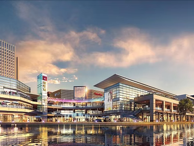 Modern Commercial Complex Architecture With Glass Facade Water Reflection And Evening Sky 3d model