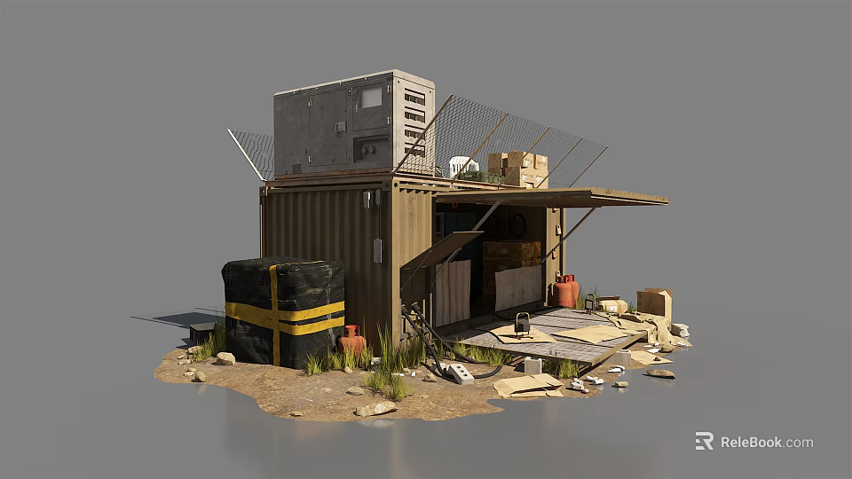 Rustic Converted Container Structure With Storage Crates Barrels Stones And Weeds 3d model 