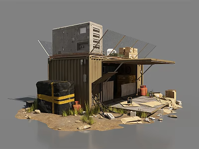 Rustic Converted Container Structure With Storage Crates Barrels Stones And Weeds 3d model