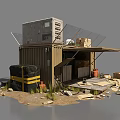 Rustic Converted Container Structure With Storage Crates Barrels Stones And Weeds