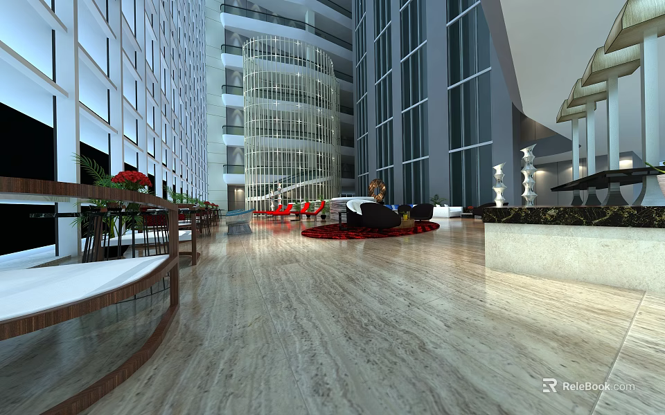 Elegant Modern Hotel Lobby With Glass Curtain Walls Marble Flooring Red Sofas And Green Plants 3d model 
