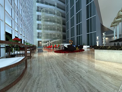 Elegant Modern Hotel Lobby With Glass Curtain Walls Marble Flooring Red Sofas And Green Plants 3d model