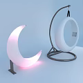 Modern Hanging Lounge Chair with White Circular Design Metal Stand and Crescent Light