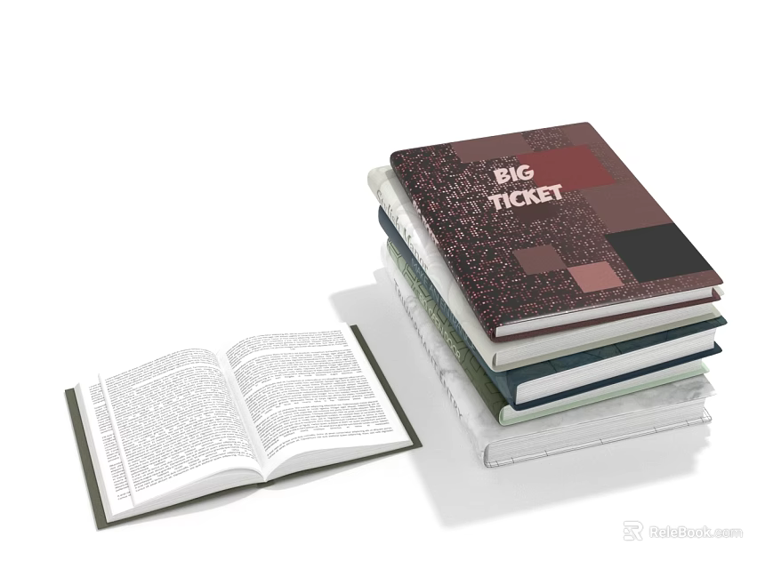 Stack of Books and Magazines with Open Book and Big Ticket Cover Design 3d model 