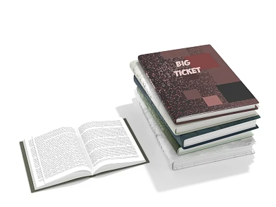 Stack of Books and Magazines with Open Book and Big Ticket Cover Design 3d model