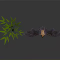 Realistic Flying Bat With Spread Wings Near Green Bamboo Plant On Dark Gray Background