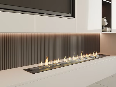 Modern Built In Linear Fireplace With Flames And Stylish Dark Striped Wall In Contemporary Interior 3d model