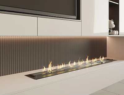 Modern Built In Linear Fireplace With Flames And Stylish Dark Striped Wall In Contemporary Interior 3d model