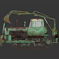 Old Rusty Green Tracked Excavator Featuring Metal Bucket And Vintage Cab