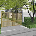 Golden Metal Entrance Gate With Gray Wall Green Trees And Stone Path