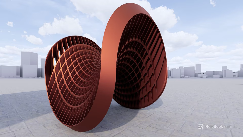 Abstract Red Spiral Grid Outdoor Sculpture Set Against Urban Landscape And Sky 3d model 
